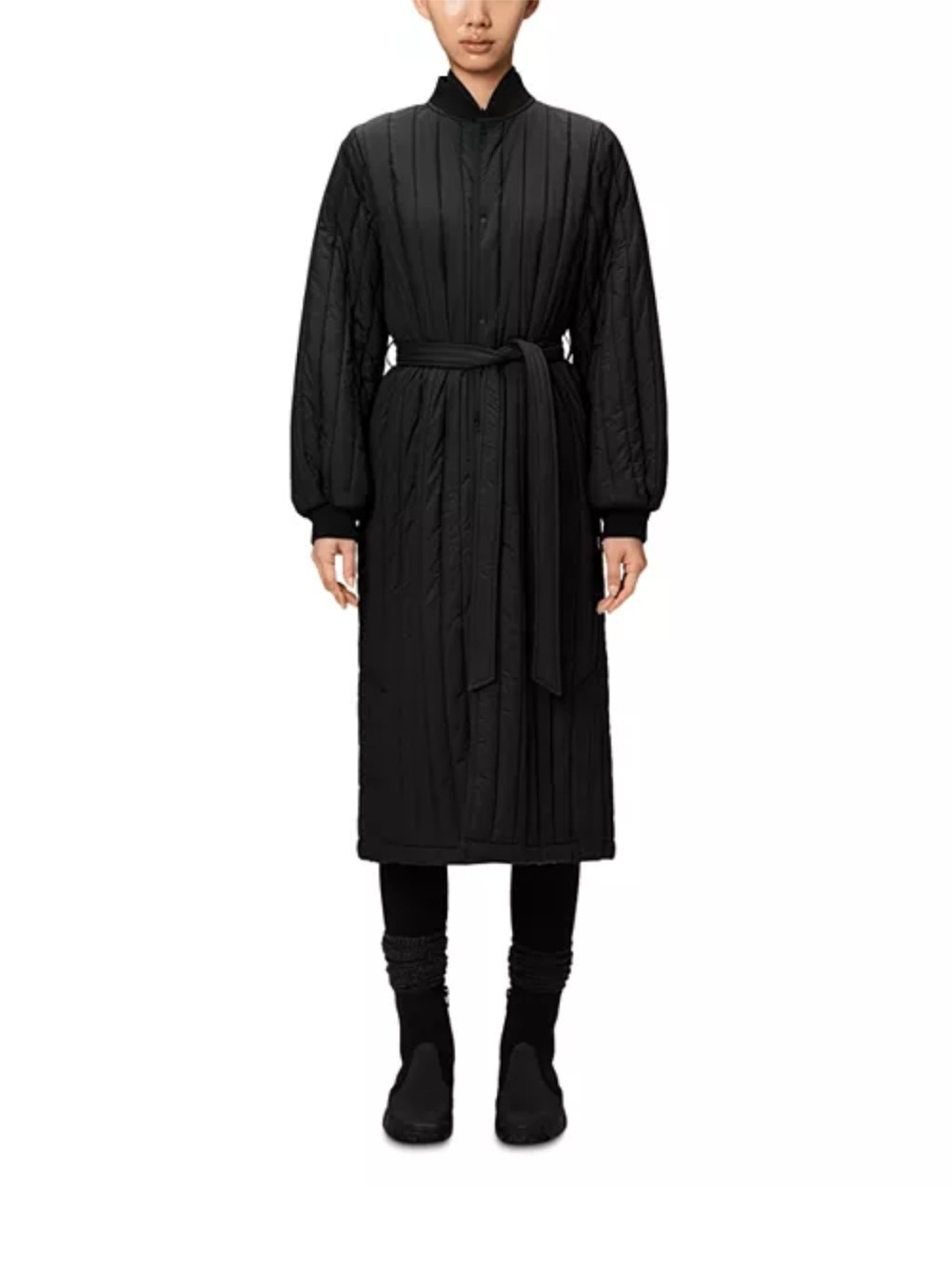 Rains Black Quilted Long-Sleeve Banja Belted Coat XS